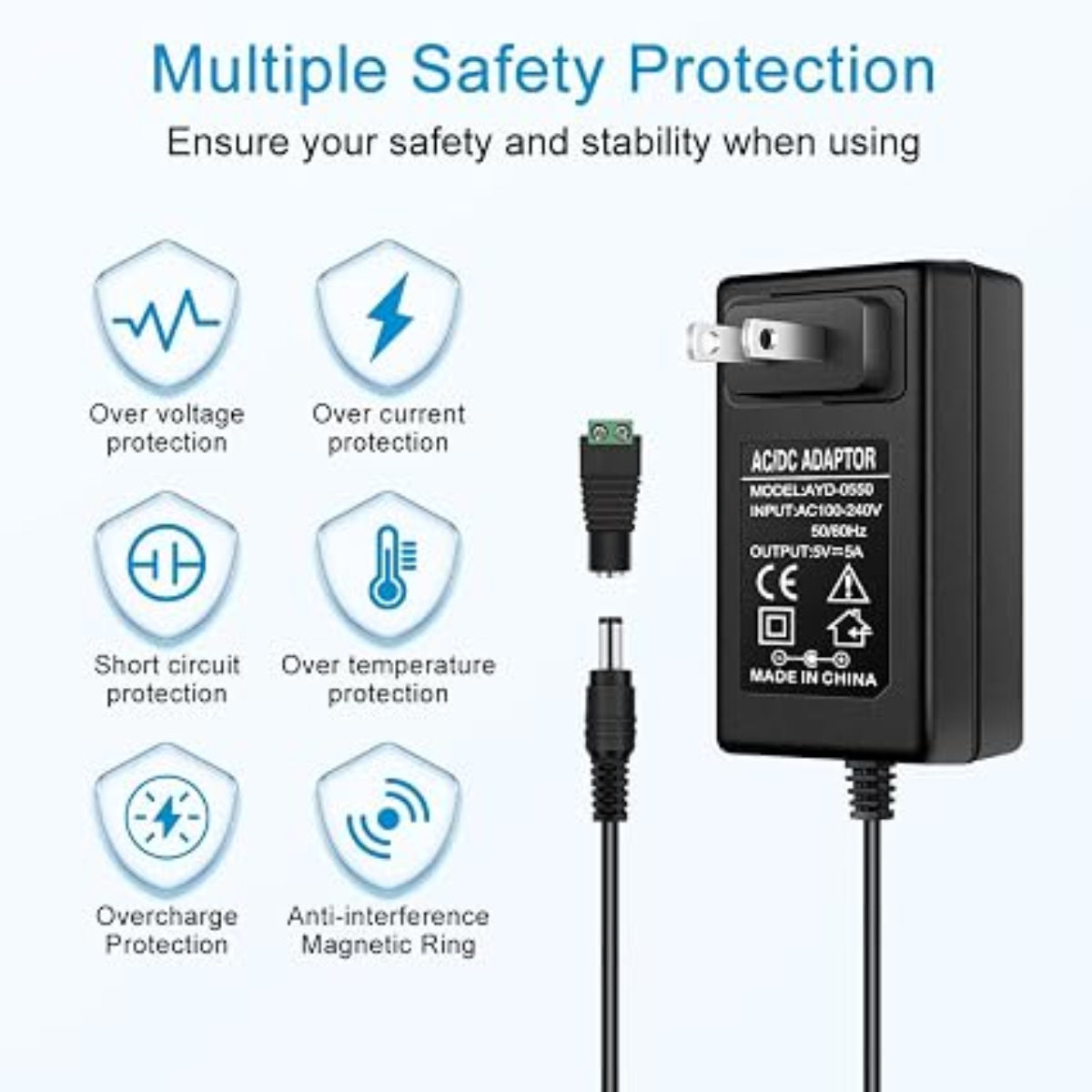 DC 5V Plug-in Power Supply Adapter 25W, AC 100–240V Input, Black Housing Wall Charger Transformer with US Plug — for LED Strip Lights, Router, USB Devices, Electronics