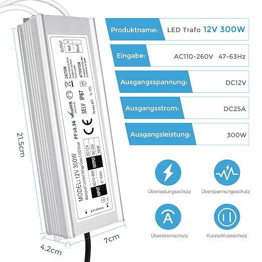 12V Waterproof LED Power Supply 300W, 90–265V Input, Single/Dual/Triple Wire Output, Aluminum Housing, Outdoor LED Driver, CE/RoHS/FCC —US/UK/EU Plug & Wire Leads Options