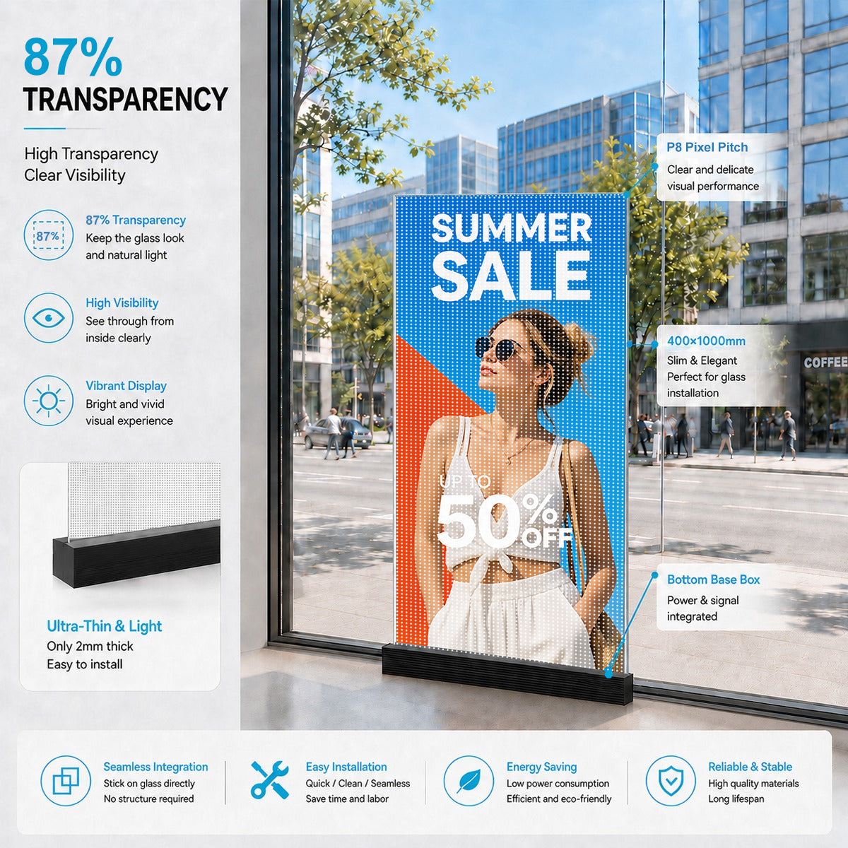 【Standard Modular Panel】HC Series P8 Adhesive Transparent LED Film – 400×1000 mm (15.75×39.37 in) | 2000nits / 4000nits | 92% / 87% Transparency Glass Display for Retail Windows & Exhibition | Multiple Kit Options | Plug & Play