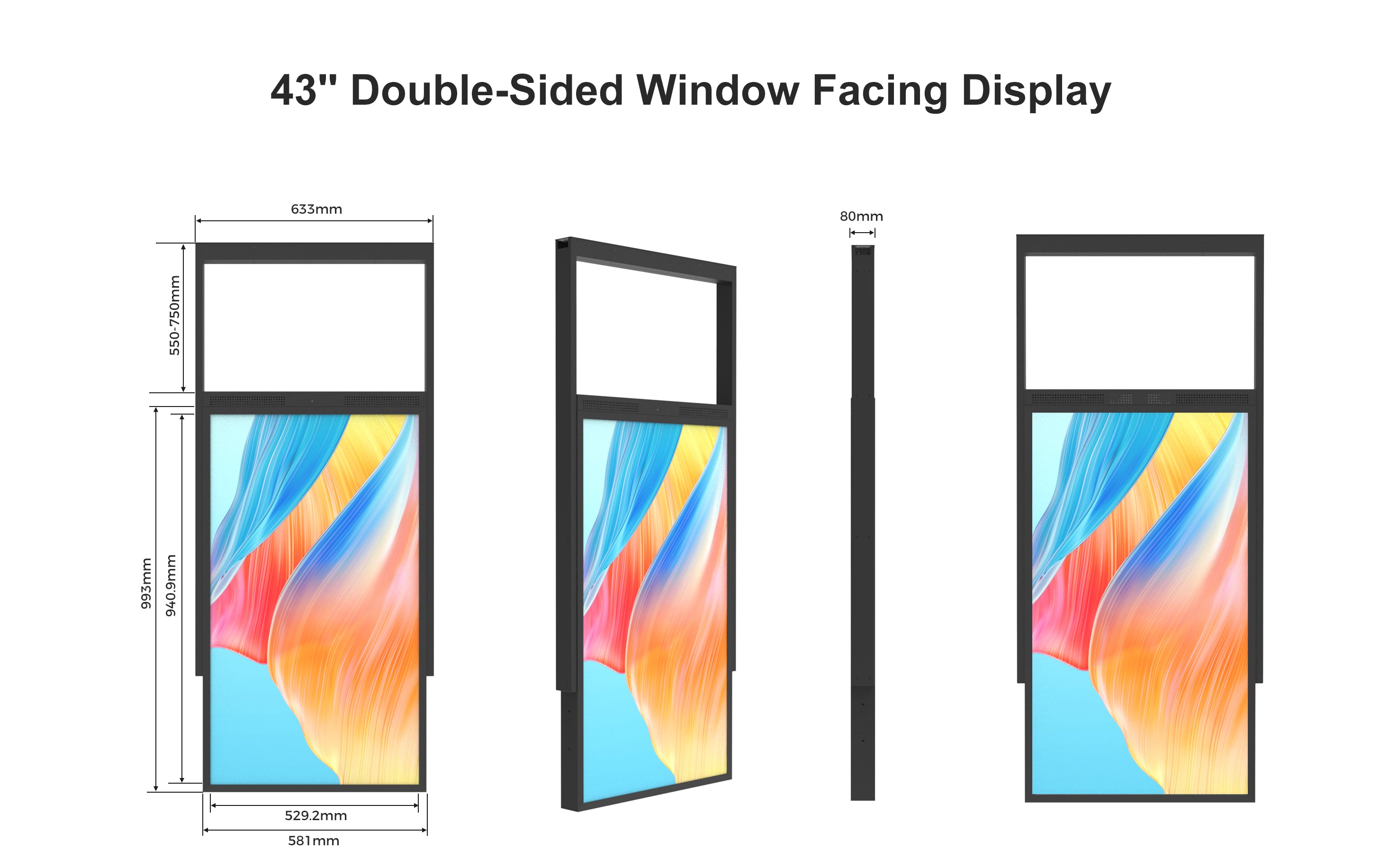 43" doppelseitiges, hochhelles LCD-Fensterdisplay, 2500 Nits vorne + 700 Nits hinten, Android 2+32G, ohne Touch, Cloud/APP/USB, Hänge-/Bodenständer