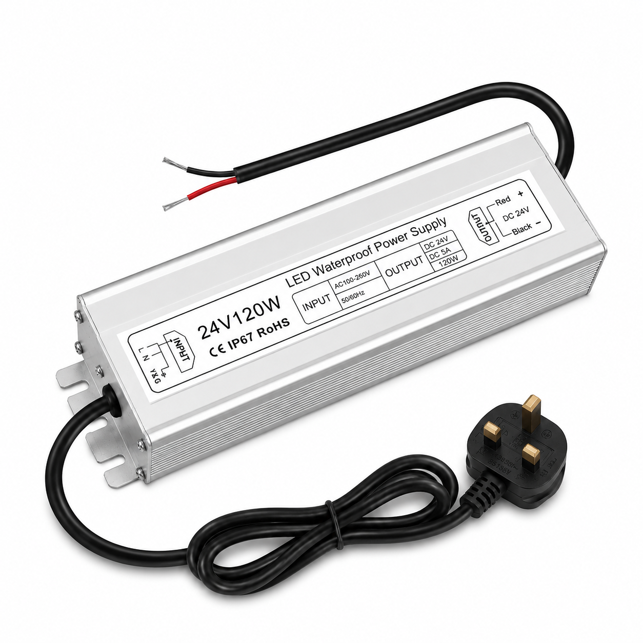 24V Waterproof LED Power Supply 30W–300W, 90–265V Input, Single/Dual Wire Output, Aluminum Housing, Outdoor LED Driver, CE/RoHS/FCC — US/UK/EU Plug & Wire Leads Options