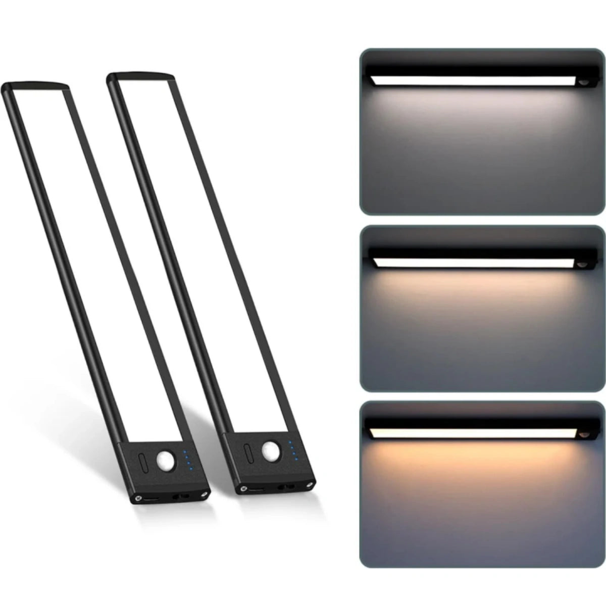 Lot de 2 lampes rechargeables pour dessous de meuble – 9" / 12" | 3 CCT (3000K/4000K/6000K) | Détecteur de mouvement et variateur tactile | Fixation magnétique | Finition argentée ou noire