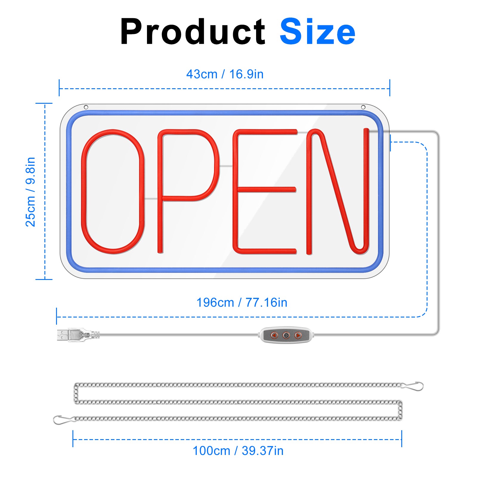 Enseigne néon OPEN – Alimentation USB | 44 x 24 cm | 6 couleurs disponibles | Suspension LED pour vitrine