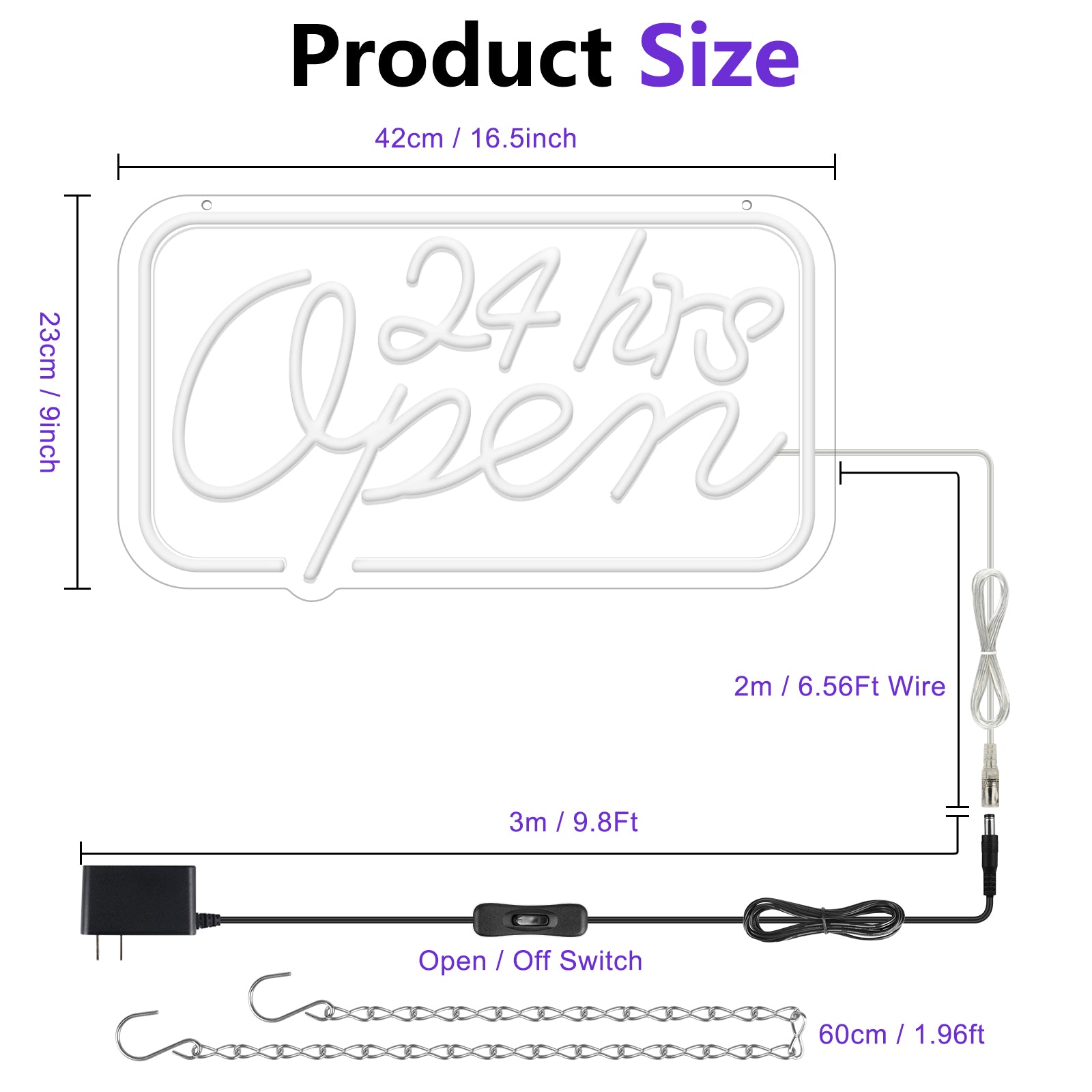 24 Stunden geöffnet Neonschild – Eisblau, Gelb & Lila Leuchten | 40×23 cm (16×9 Zoll) | Fenster-Hängeleuchte für 24-Stunden-Läden Plug & Play