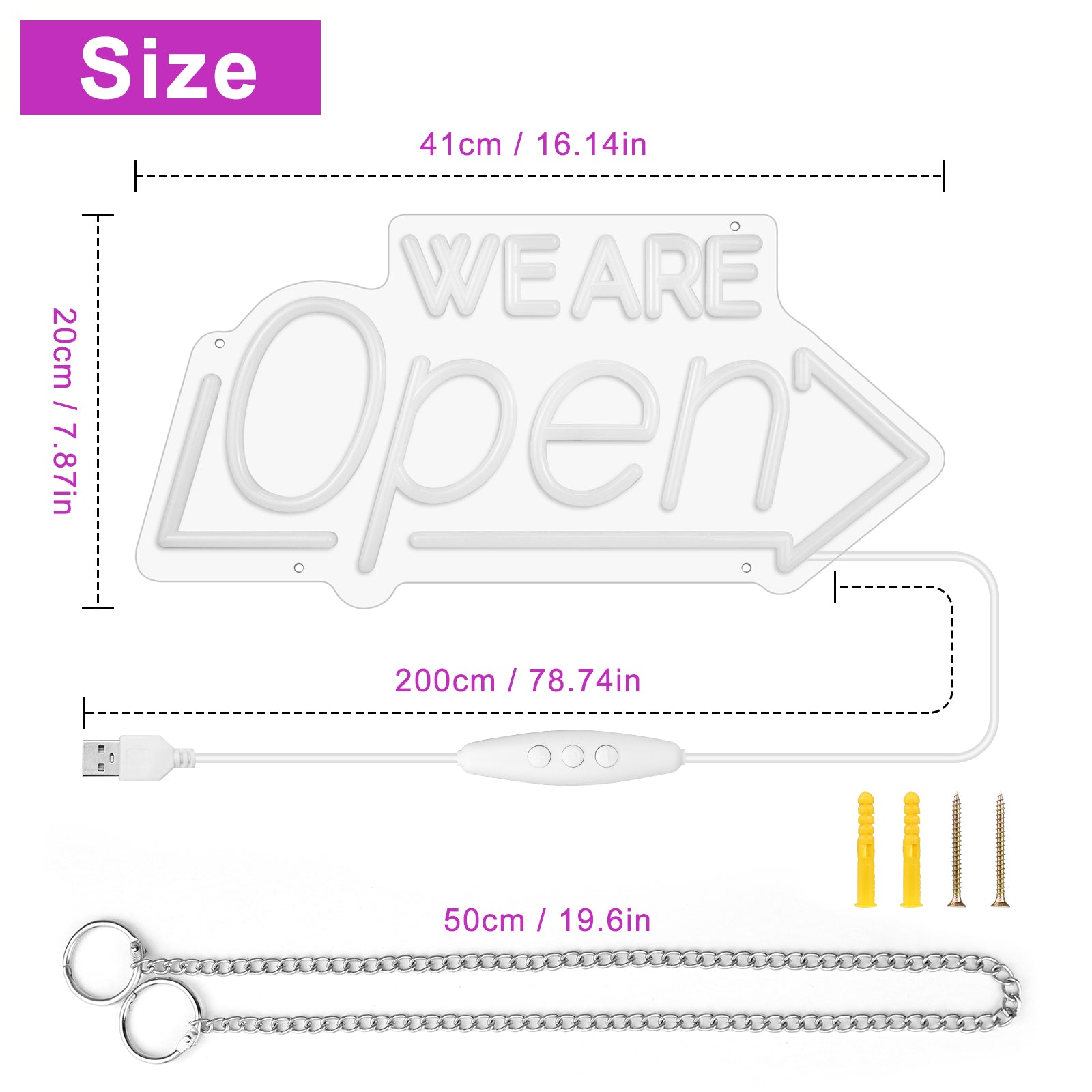 WE ARE OPEN Neon Sign – USB Powered | 16×8 inch (41×20 cm) | Arrow Shape LED Window Sign | 3 Color Combos for Storefront Display