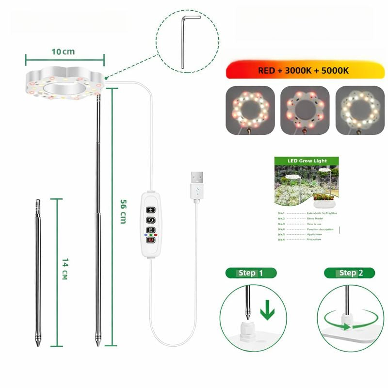 Potted Plants LED Grow Light - 5V | Height Adjustable | Auto On/Off Timer | Full Spectrum | Stake / Desk Base | Dimmable Brightness | Halo Plant Lamp for Indoor Plants Growing | USB Plug | 1 / 2 Pack