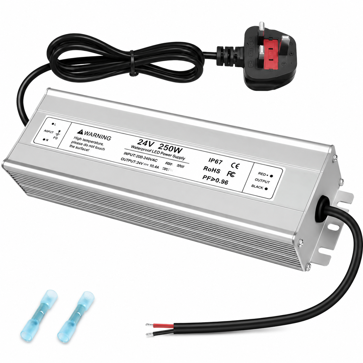 24V Waterproof LED Power Supply 30W–300W, 90–265V Input, Single/Dual Wire Output, Aluminum Housing, Outdoor LED Driver, CE/RoHS/FCC — US/UK/EU Plug & Wire Leads Options