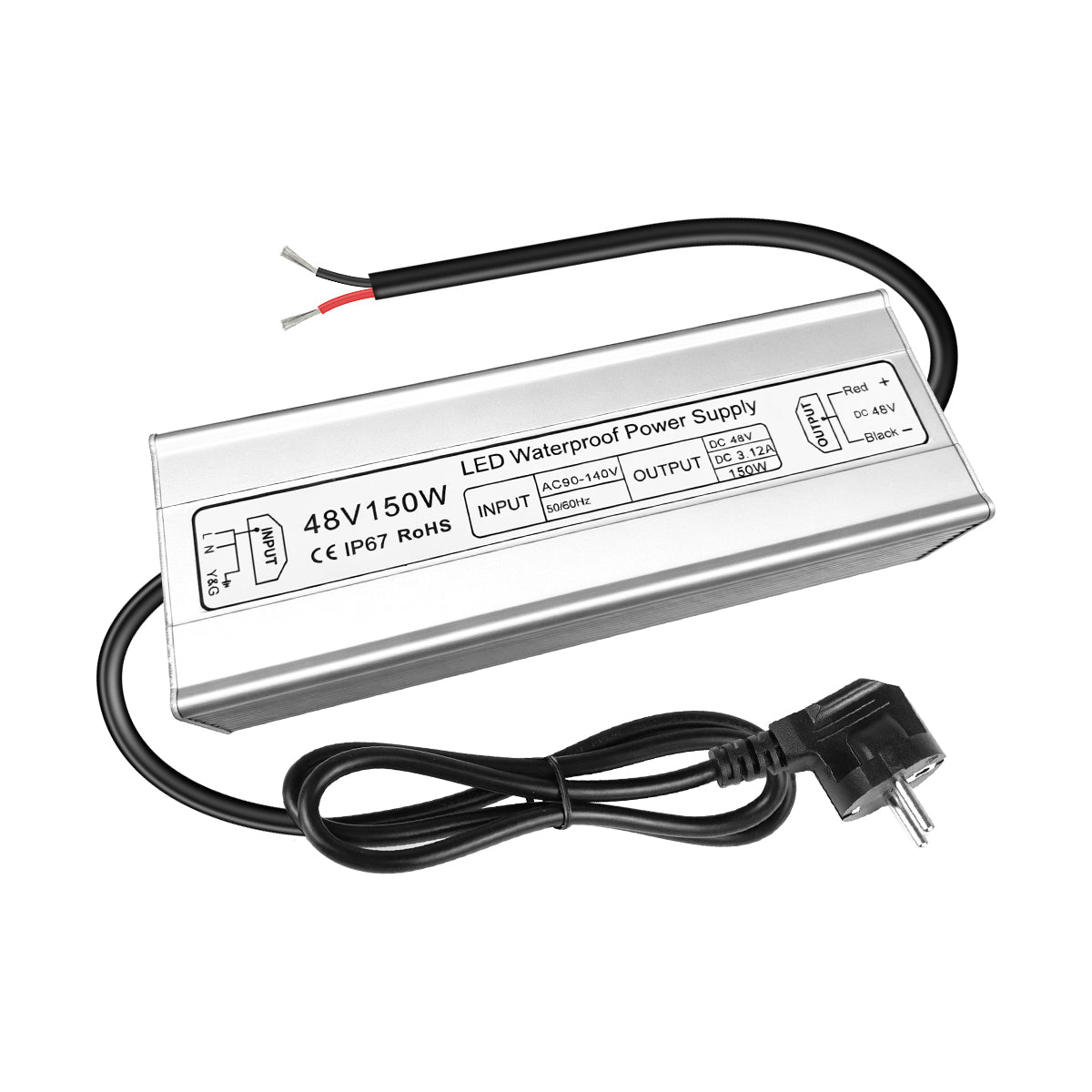48V LED Power Supply, 175–265V Input, 100W–400W, Constant Voltage Transformer, Aluminum Housing, IP67 Waterproof SMPS, CE/RoHS/FCC — UK/EU Plug & Wire Leads Options