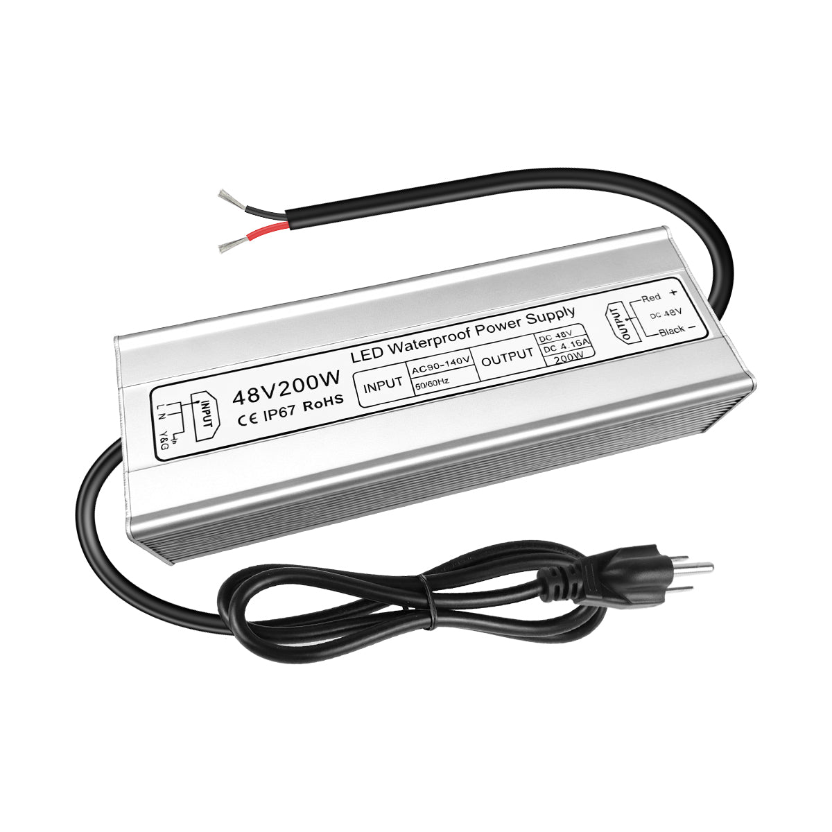 48V LED Driver, 90–140V Input, 100W–400W, Single Output Constant Voltage Power Supply, Aluminum Housing, IP67 Waterproof, CE/RoHS/FCC — US Plug & Wire Leads Options