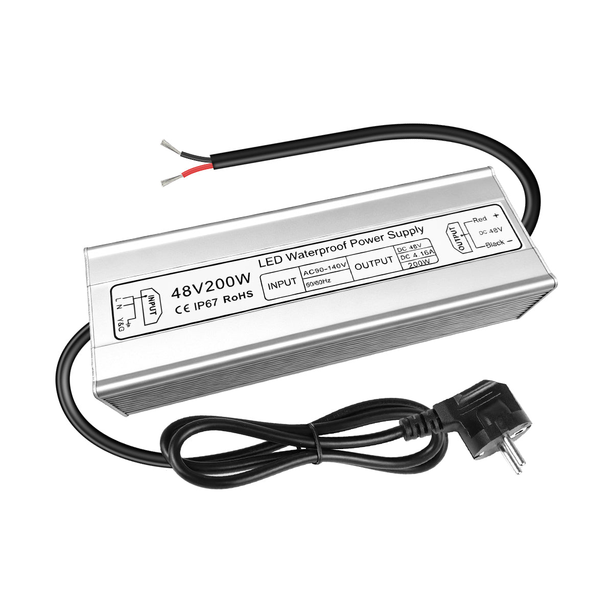 48V LED Power Supply, 175–265V Input, 100W–400W, Constant Voltage Transformer, Aluminum Housing, IP67 Waterproof SMPS, CE/RoHS/FCC — UK/EU Plug & Wire Leads Options