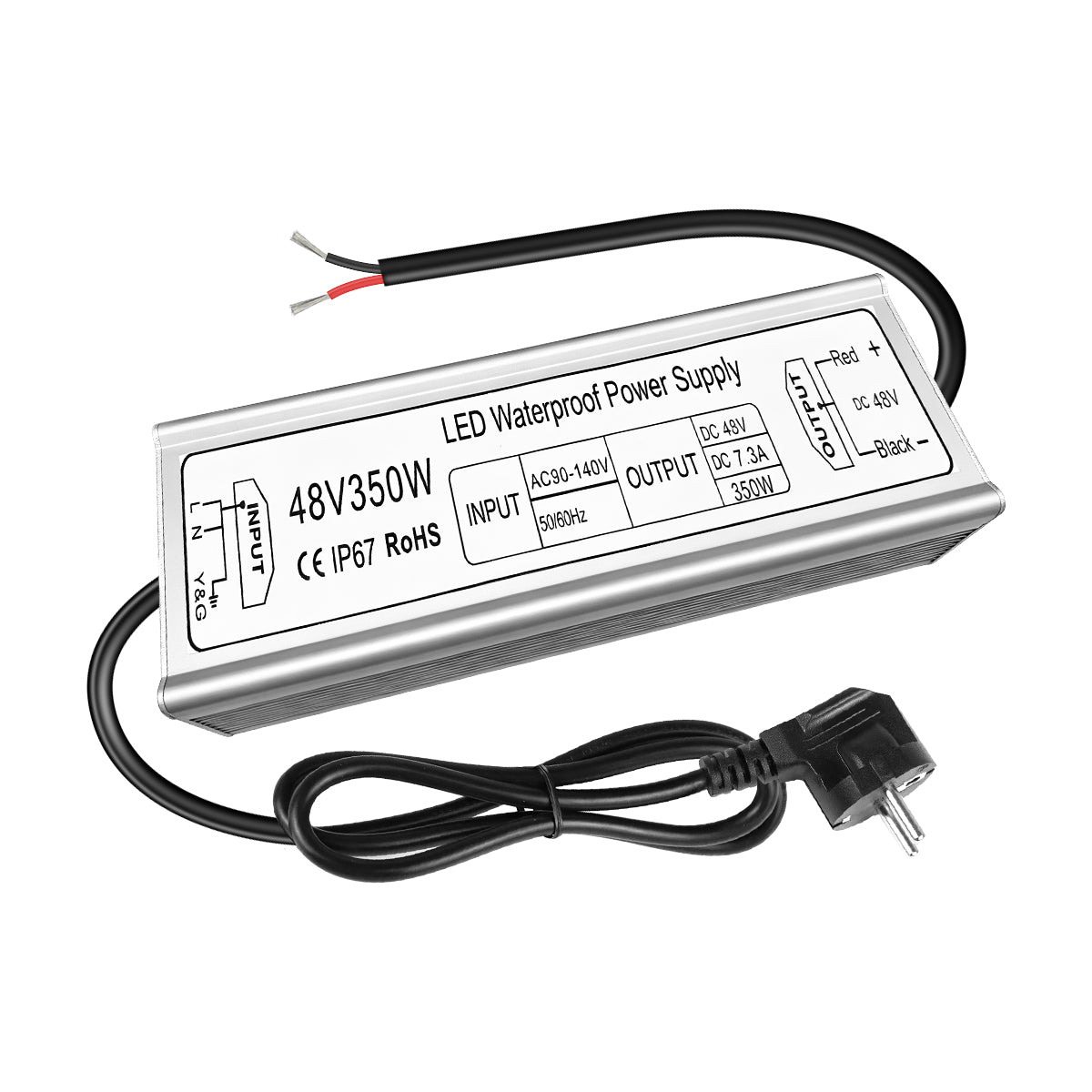 48V LED Power Supply, 175–265V Input, 100W–400W, Constant Voltage Transformer, Aluminum Housing, IP67 Waterproof SMPS, CE/RoHS/FCC — UK/EU Plug & Wire Leads Options