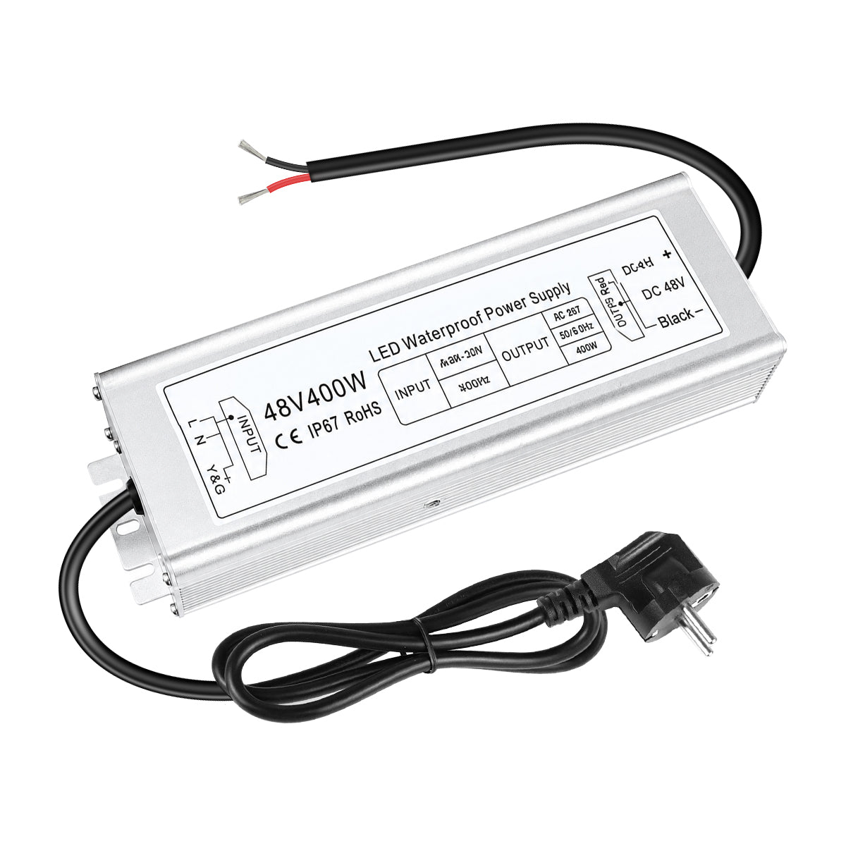 48V LED Power Supply, 175–265V Input, 100W–400W, Constant Voltage Transformer, Aluminum Housing, IP67 Waterproof SMPS, CE/RoHS/FCC — UK/EU Plug & Wire Leads Options