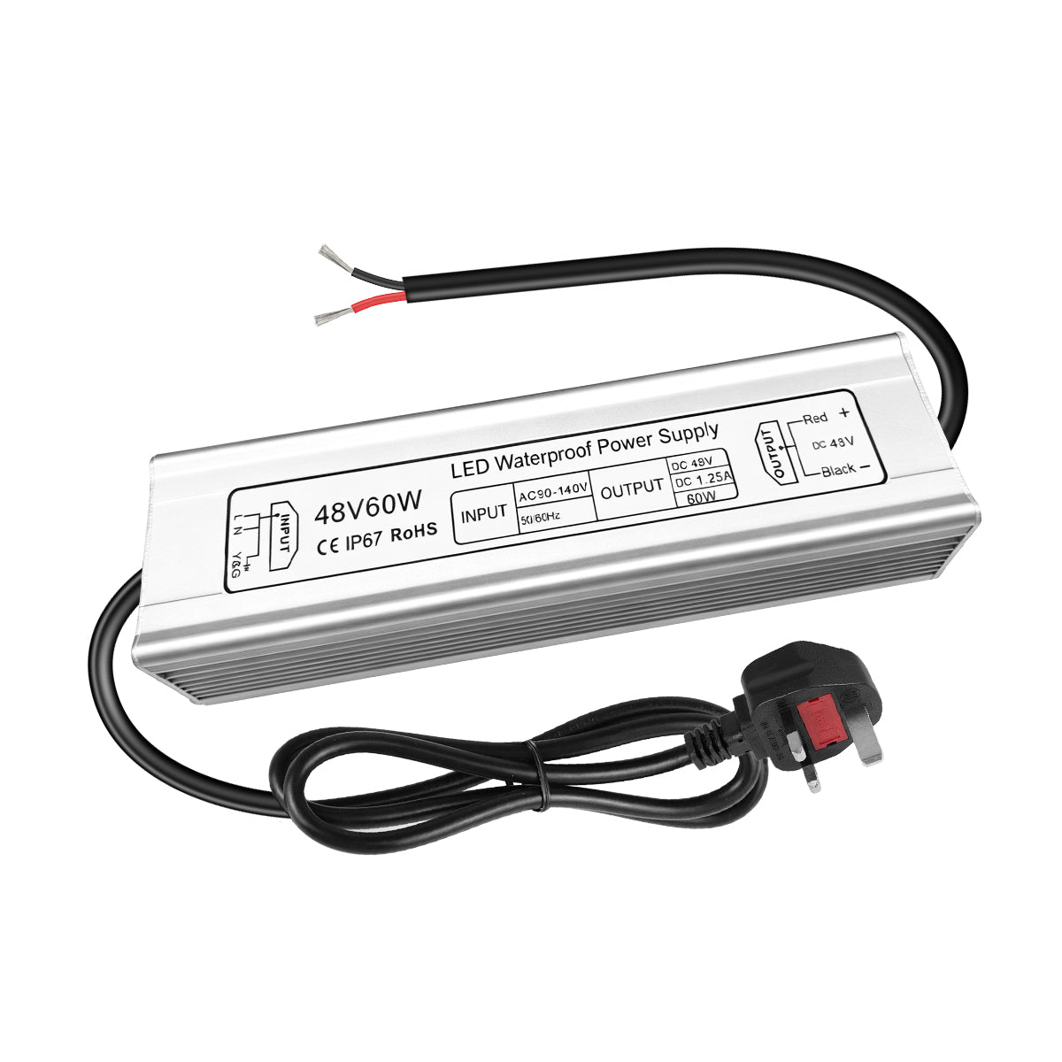 48V Waterproof LED Power Supply 60W–80W, 90–265V AC Input, Single Output Transformer, Aluminum Housing, CE/RoHS/FCC — US/UK/EU Plug & Wire Leads Options