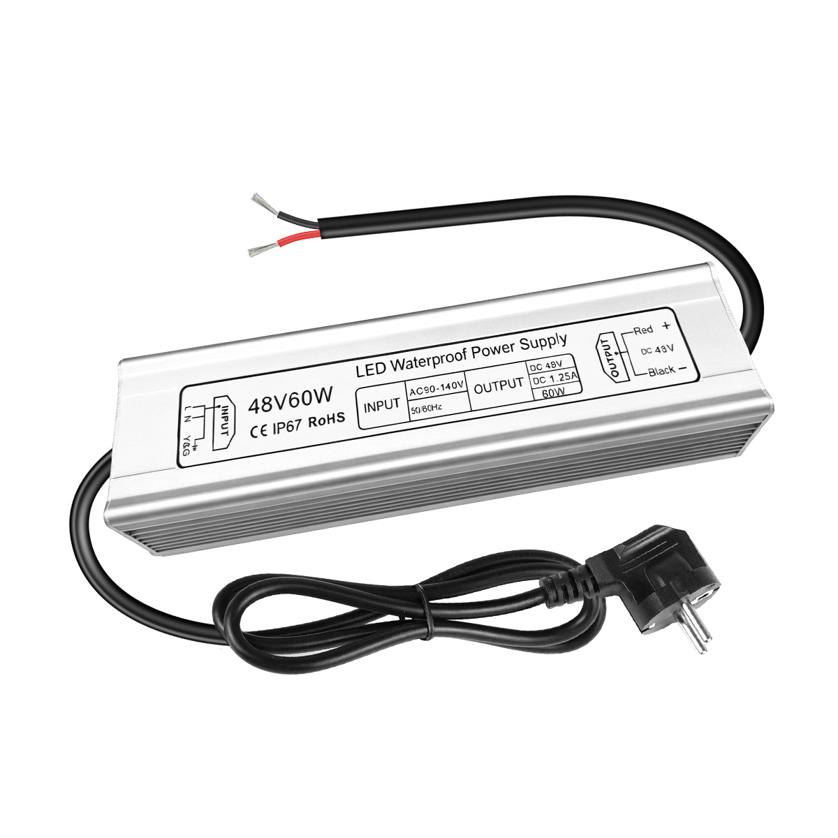 48V Waterproof LED Power Supply 60W–80W, 90–265V AC Input, Single Output Transformer, Aluminum Housing, CE/RoHS/FCC — US/UK/EU Plug & Wire Leads Options