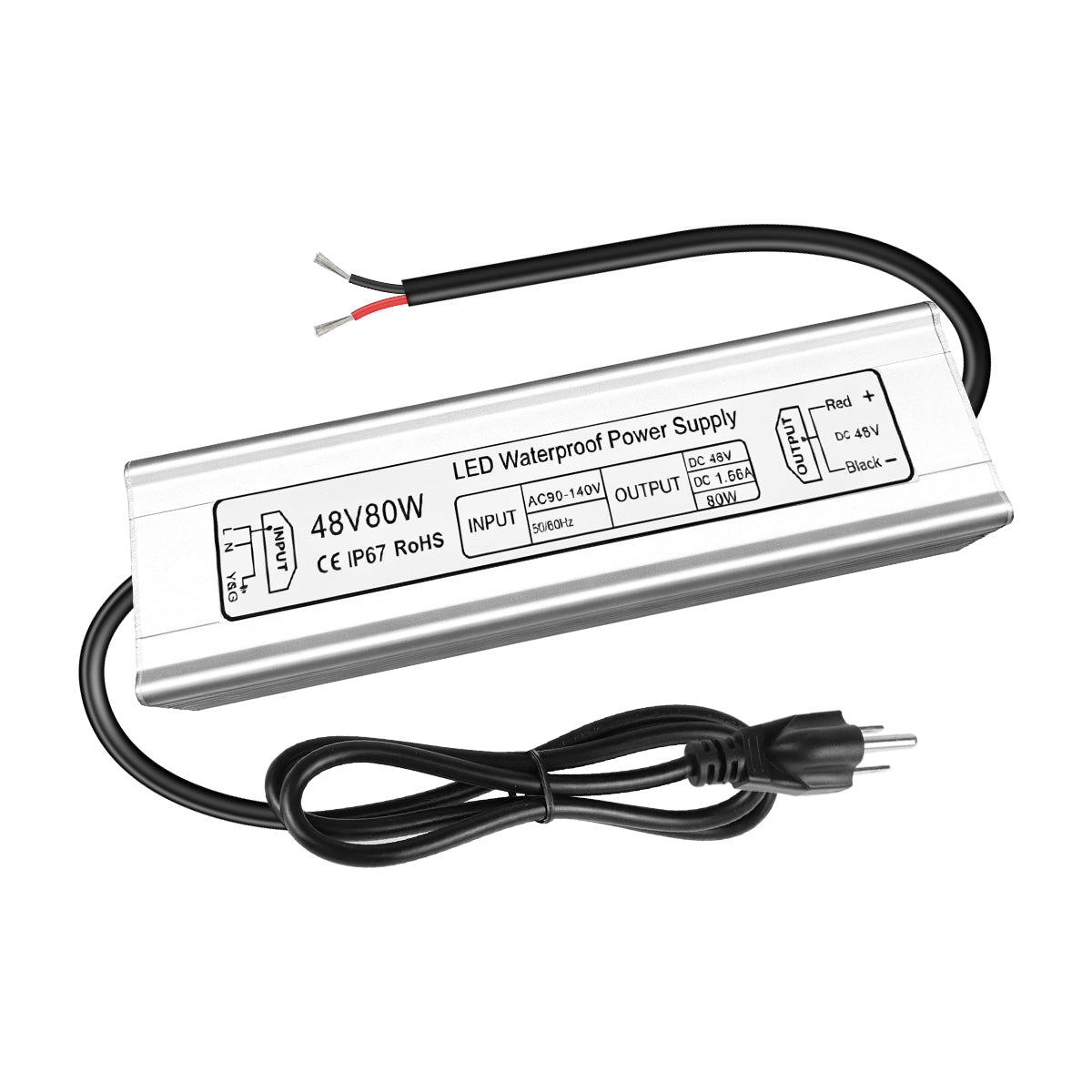 48V Waterproof LED Power Supply 60W–80W, 90–265V AC Input, Single Output Transformer, Aluminum Housing, CE/RoHS/FCC — US/UK/EU Plug & Wire Leads Options