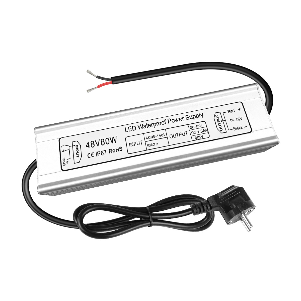 48V Waterproof LED Power Supply 60W–80W, 90–265V AC Input, Single Output Transformer, Aluminum Housing, CE/RoHS/FCC — US/UK/EU Plug & Wire Leads Options