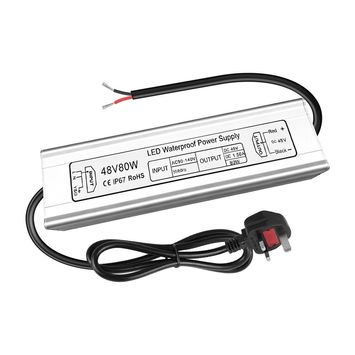 48V Waterproof LED Power Supply 60W–80W, 90–265V AC Input, Single Output Transformer, Aluminum Housing, CE/RoHS/FCC — US/UK/EU Plug & Wire Leads Options