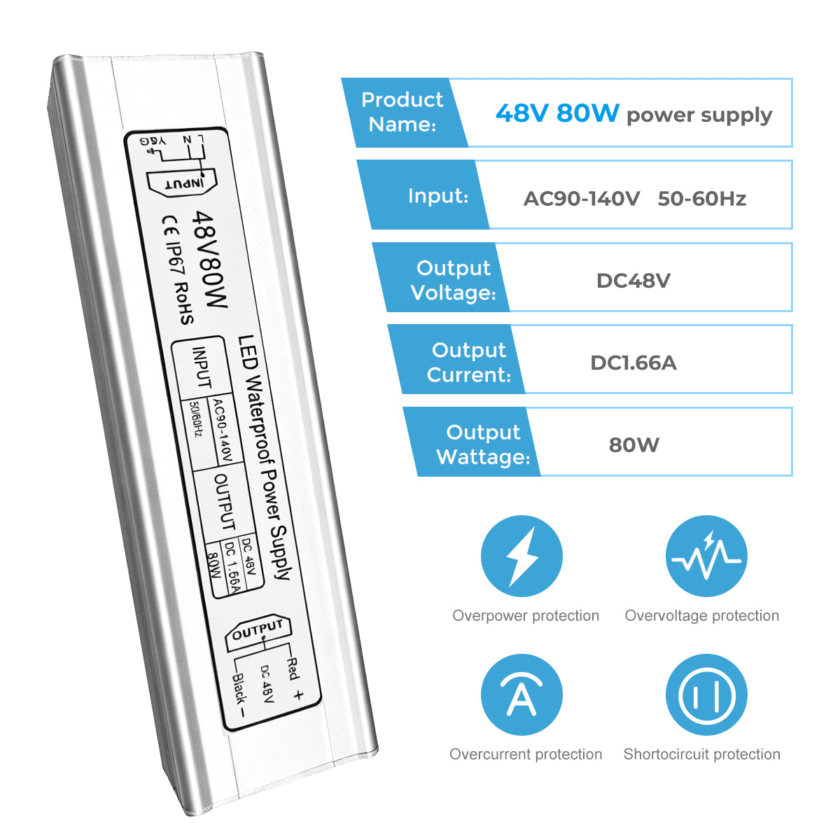 48V Waterproof LED Power Supply 60W–80W, 90–265V AC Input, Single Output Transformer, Aluminum Housing, CE/RoHS/FCC — US/UK/EU Plug & Wire Leads Options