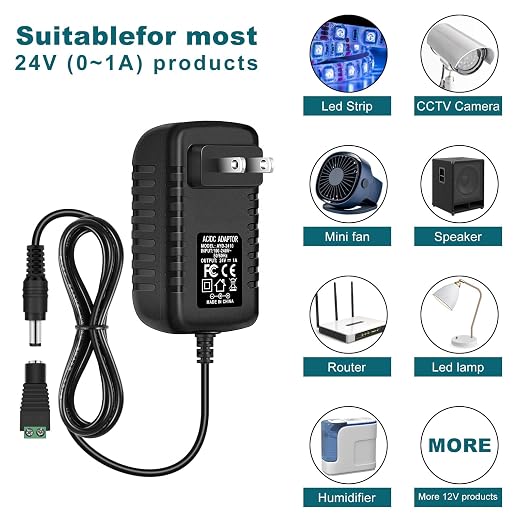 DC 24V Power Adapter 24W, AC 100–240V to 24V Wall Plug Power Supply with US Plug, Black Case