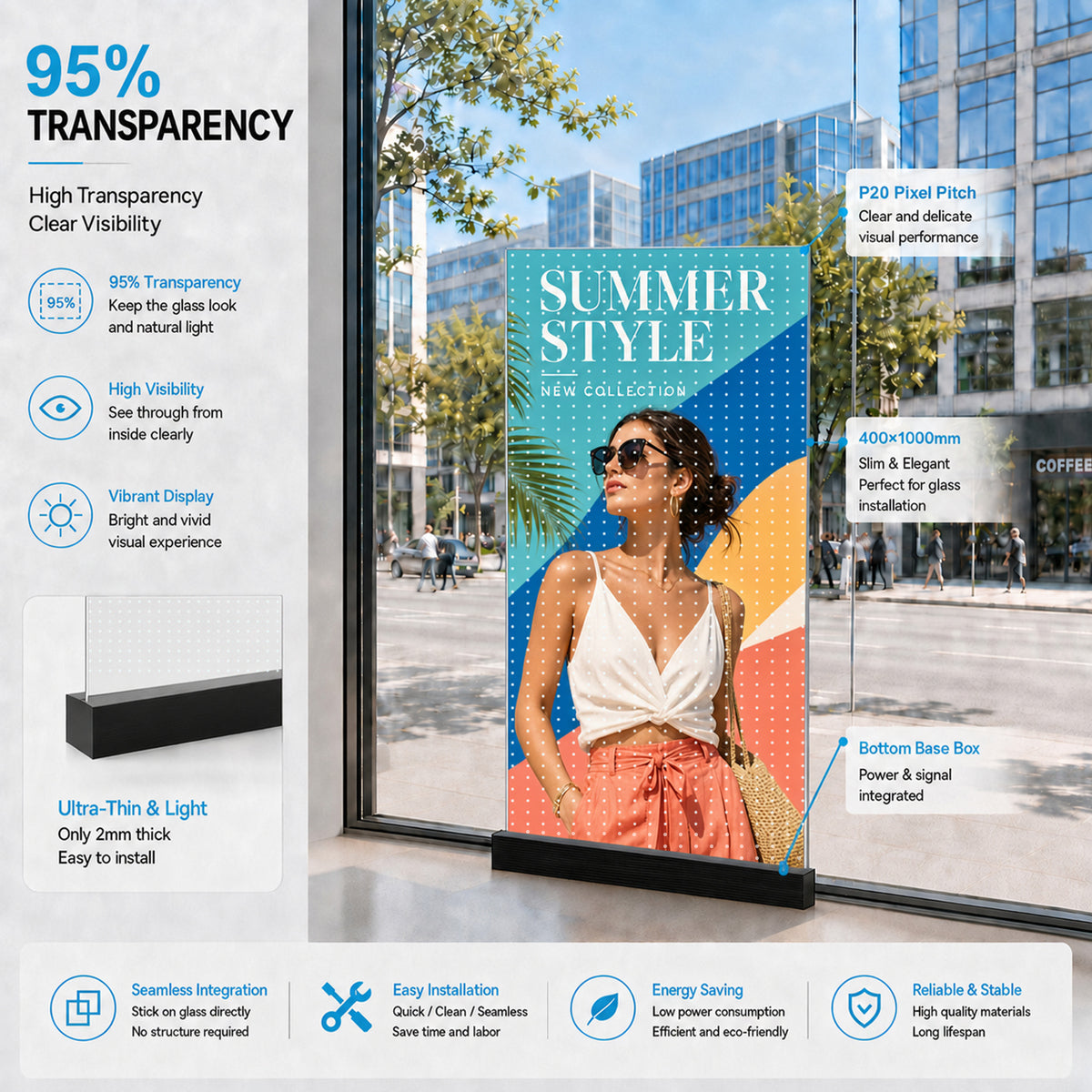【Standard Modular Panel】HC Series P20 Ultra-Thin Adhesive Transparent LED Film – 400×1000 mm (15.75×39.37 in) | 2000nits | 95% Transparency Glass Display for Facades & Exhibition | Multiple Kit Options | Plug & Play