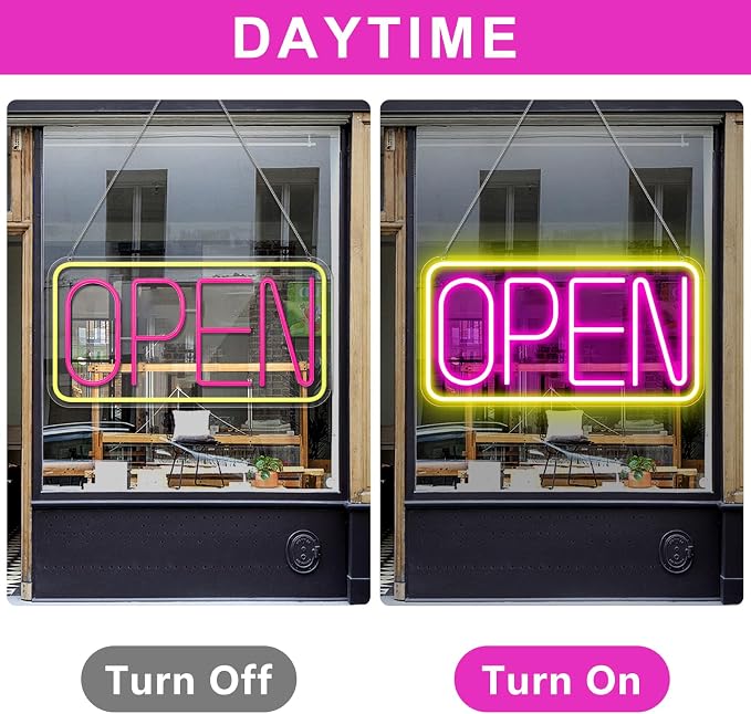 LED-Neonschild „OPEN“ – rechteckig | 4 Leuchtfarbenoptionen | 16×9 / 23×12 Zoll | Fensteraufhängung | Plug & Play für Schaufenster
