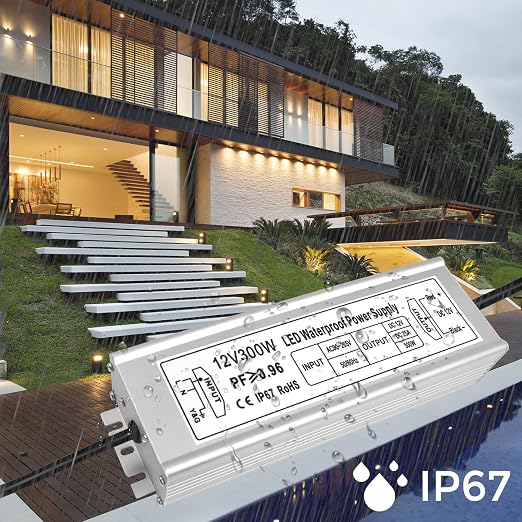 12V Waterproof LED Power Supply 300W, 90–265V Input, Single/Dual/Triple Wire Output, Aluminum Housing, Outdoor LED Driver, CE/RoHS/FCC —US/UK/EU Plug & Wire Leads Options