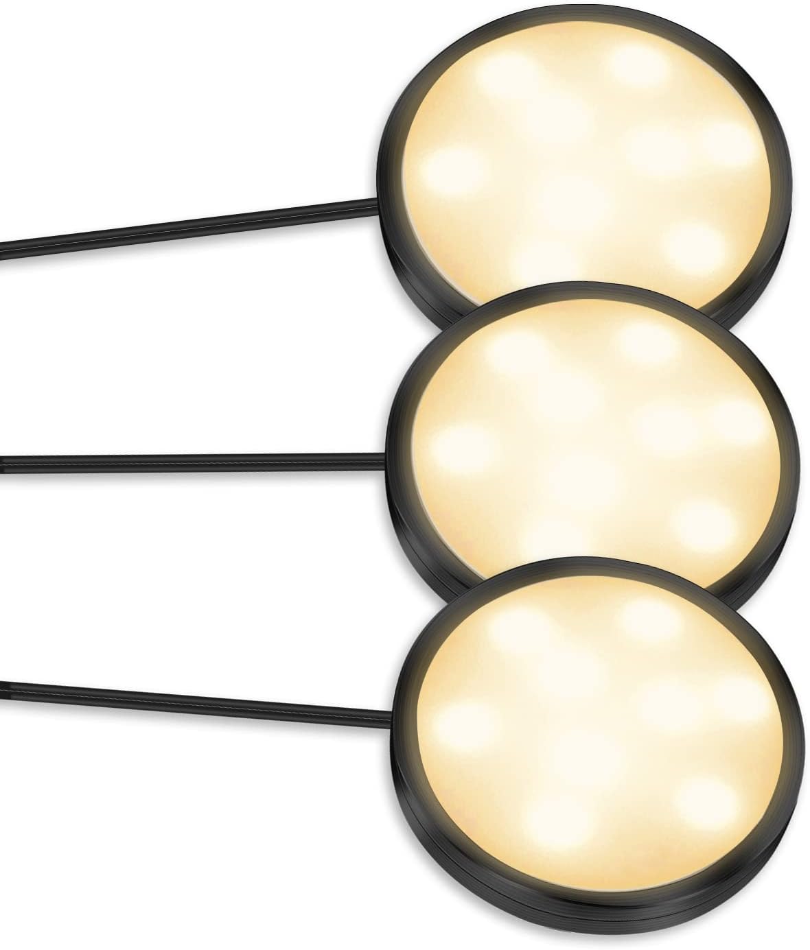 3 Pack LED Puck Cabinet Lights – Warm White / Daylight White | Black Finish | 12V Adapter with US / UK Plug | Touch Dimmable | Adhesive Mount | for Kitchen & Under Cabinet