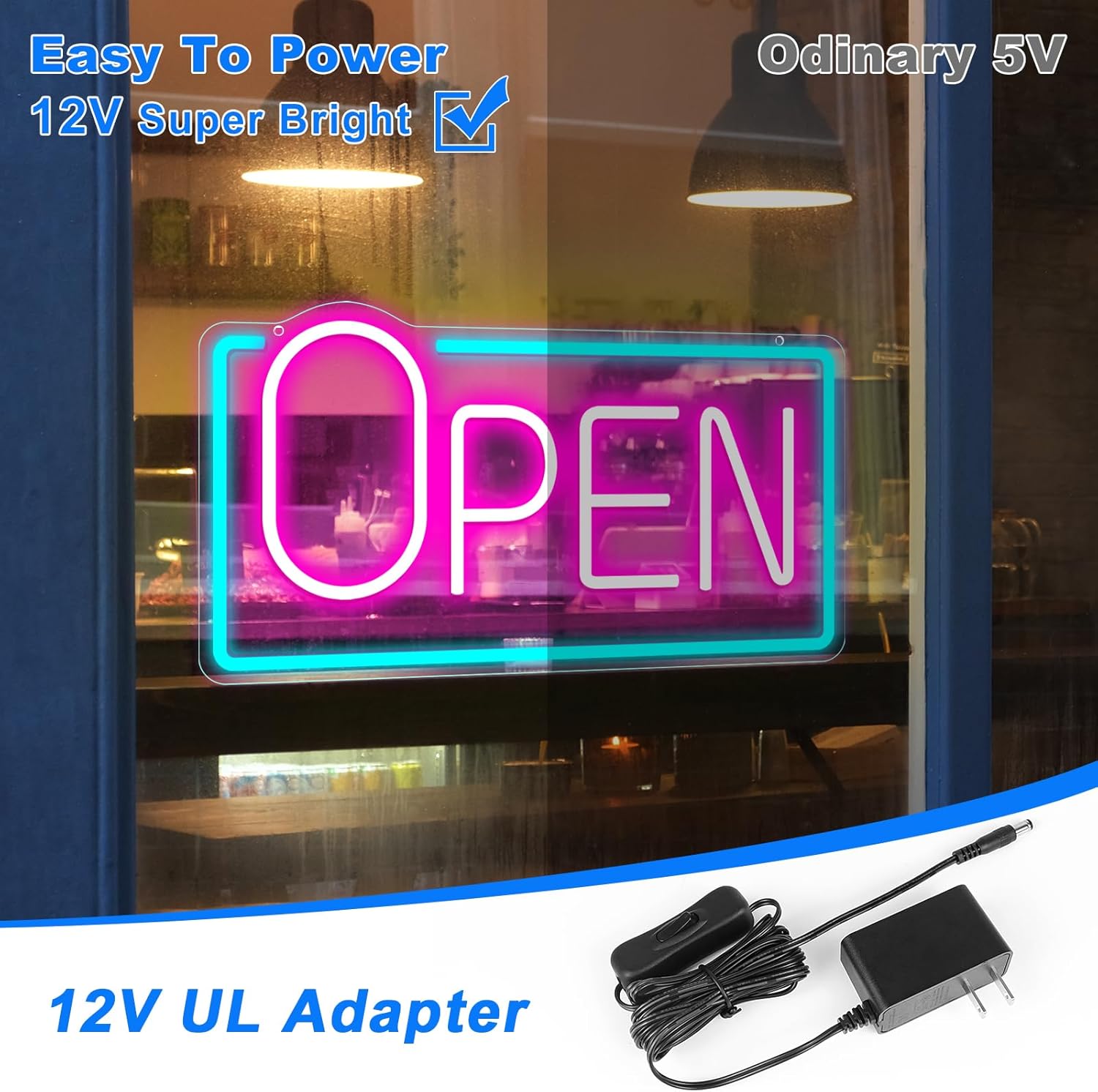 OPEN Neon Sign – Big “O” Style | 5 Glow Color Options | 17×9 inch (42×22 cm) | Window Hanging | Plug & Play for Storefronts