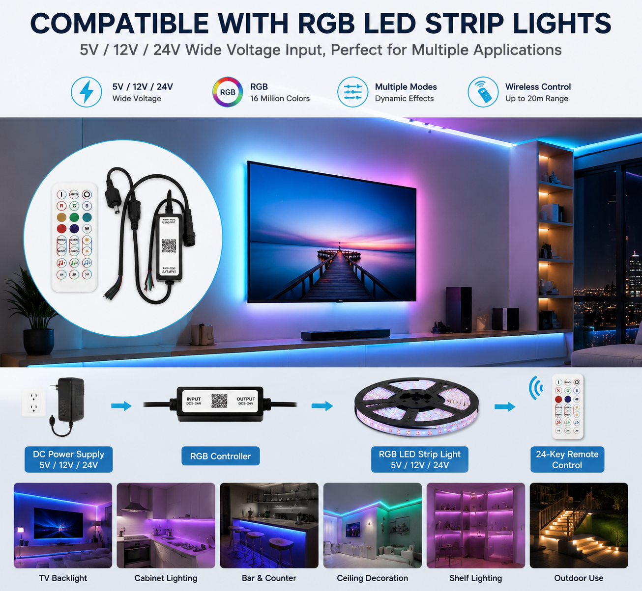 RGB LED Strip Controller – DC5V-24V | Waterproof Wireless RGB Controller with 24-Key Bluetooth Remote | For LED Strips