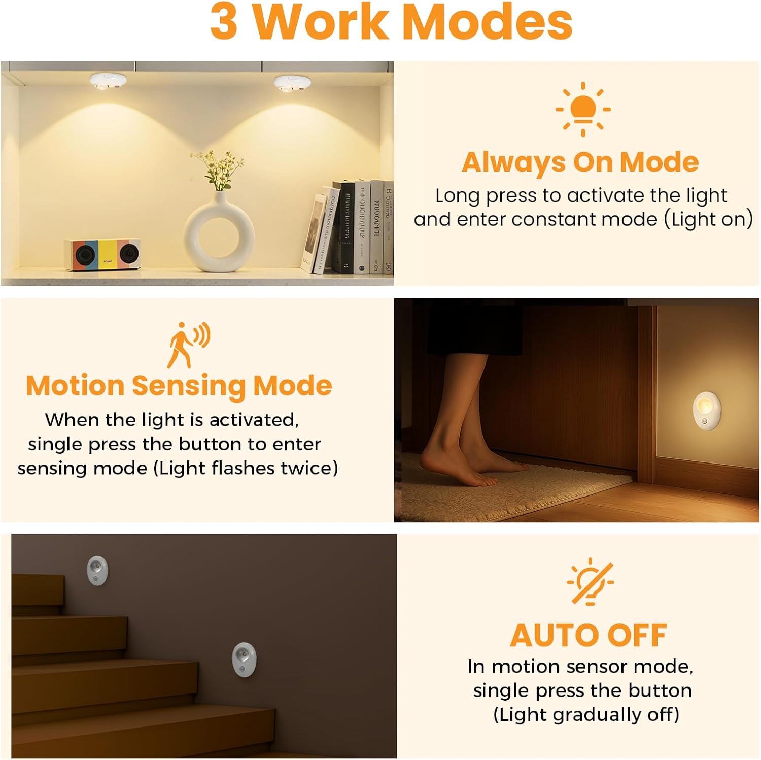 4er/6er-Pack wiederaufladbare Pebble LED-Schrankleuchte | 1 LED, 3 Farbmodi (3000 K / 4000 K / 6000 K) | Bewegungssensor, Tippschalter, dimmbar | Weißes Finish | Magnetbefestigung