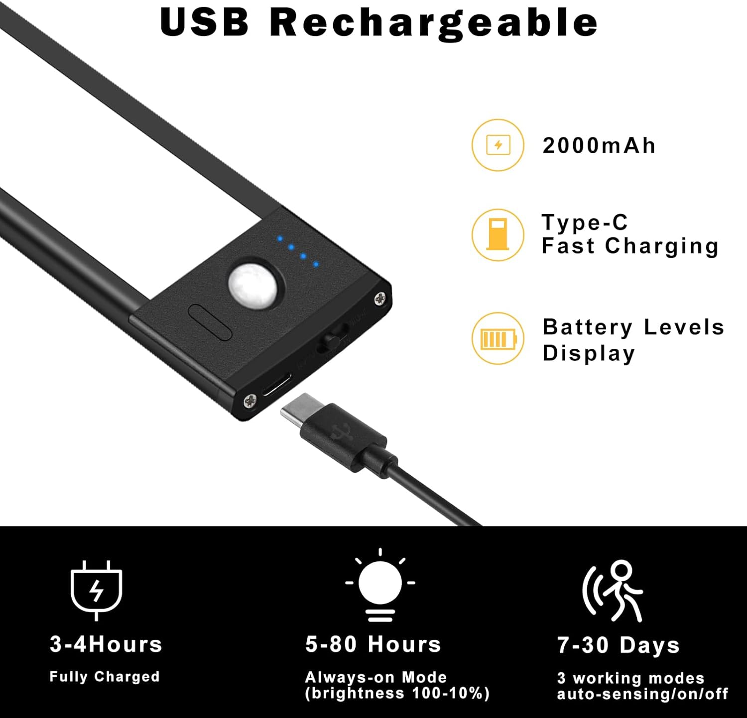 Lot de 2 lampes rechargeables pour dessous de meuble – 9" / 12" | 3 CCT (3000K/4000K/6000K) | Détecteur de mouvement et variateur tactile | Fixation magnétique | Finition argentée ou noire