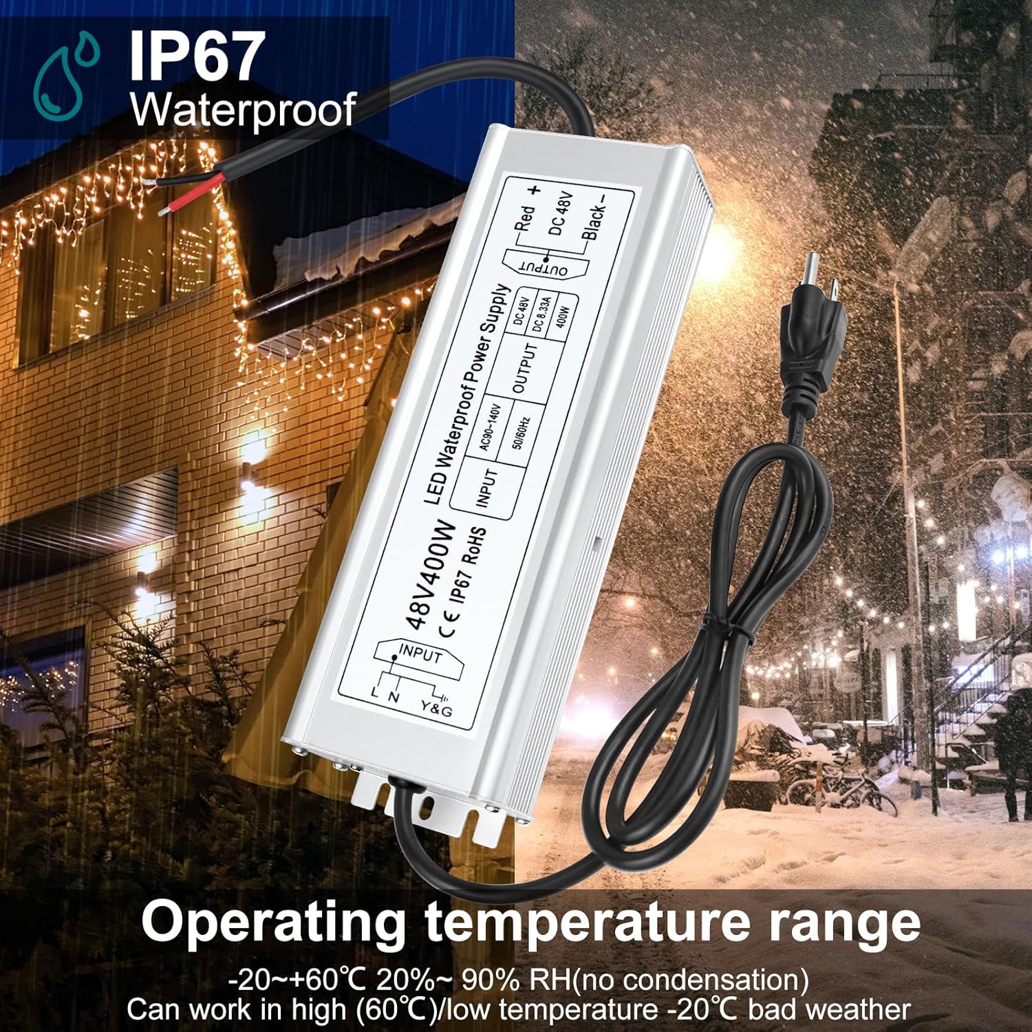 48V Waterproof LED Power Supply 60W–80W, 90–265V AC Input, Single Output Transformer, IP67 SMPS, CE/RoHS/FCC — US/UK/EU Plug & Wire Leads Options