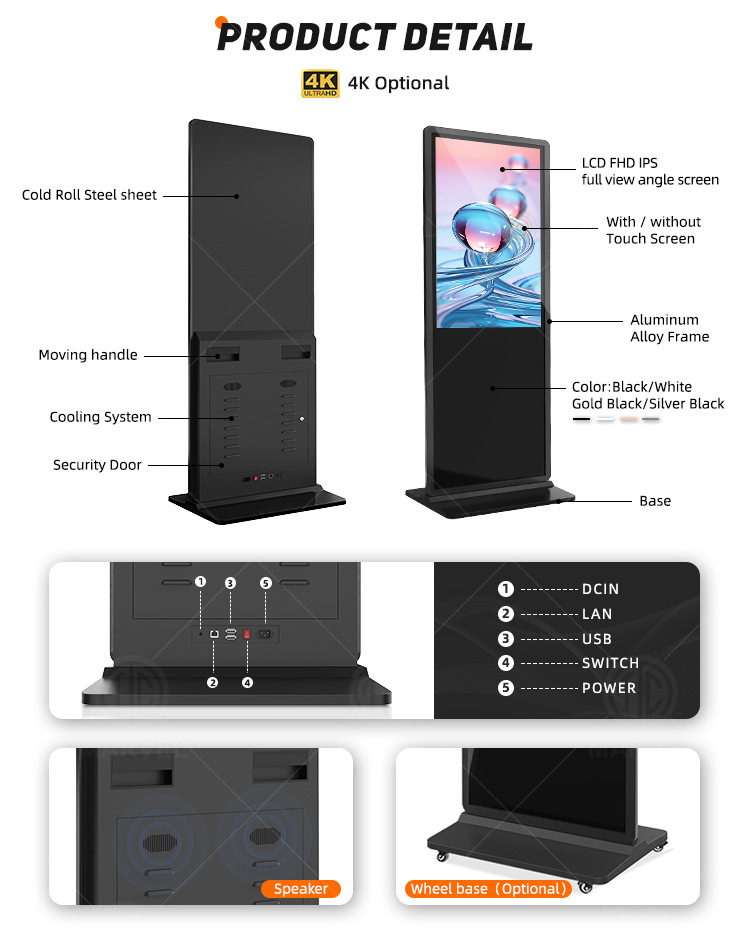 50‘’ Indoor Single-Sided Floor-Standing LCD Advertising Koisk with Wheel Stand | Android RK3568 2GB+16GB | Non-Touch / Infrared / Capacitive Touch | CMS Preinstalled