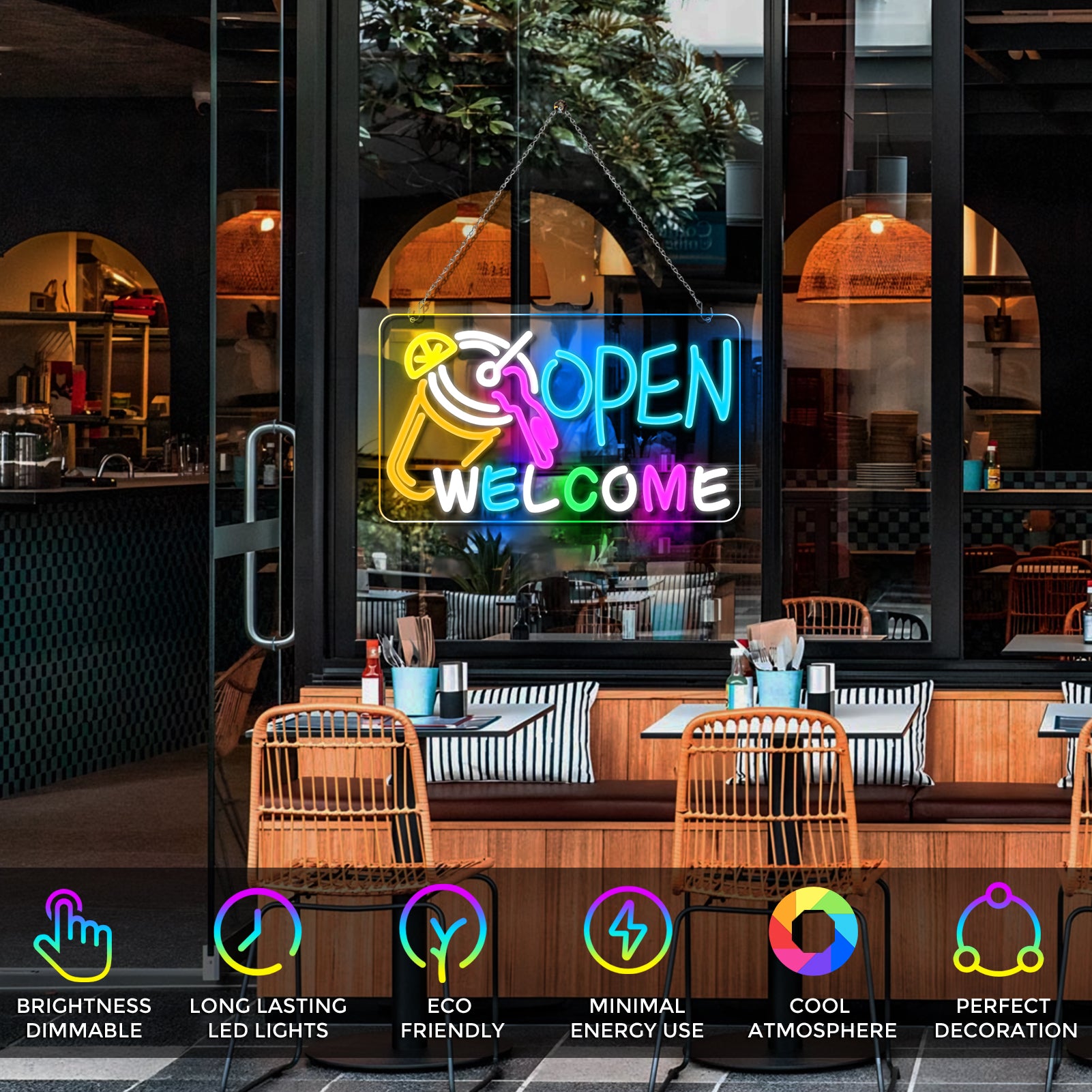 OPEN WELCOME Neon Sign – USB Powered | 16×9 inch (41×23 cm) | Multicolor Glow | LED Window Light with Cocktail Design for Bar, Café, Storefront