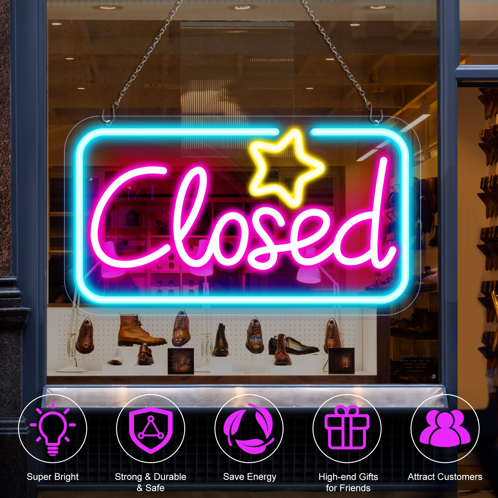 Geschlossenes Neonschild – Eisblau & Pink Leuchten + Gelber Stern | 42×23 cm (17×9 Zoll) | Fensteraufhängung | Plug & Play für Schaufenster