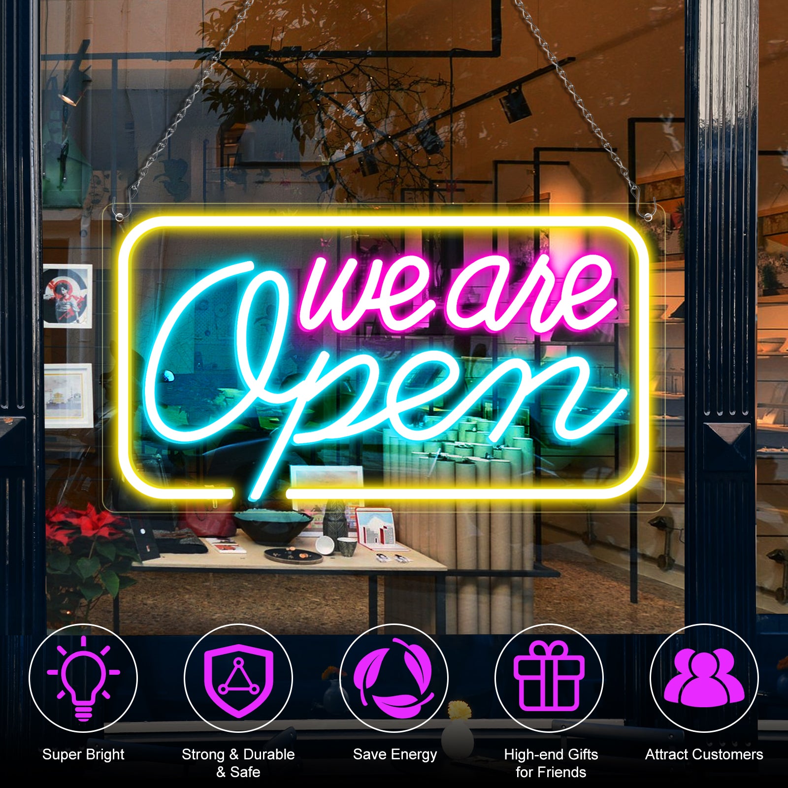 Enseigne néon « Nous sommes ouverts » – 5 couleurs de lumière | 60 x 32 cm | Suspension | Prêt à l'emploi pour vitrines