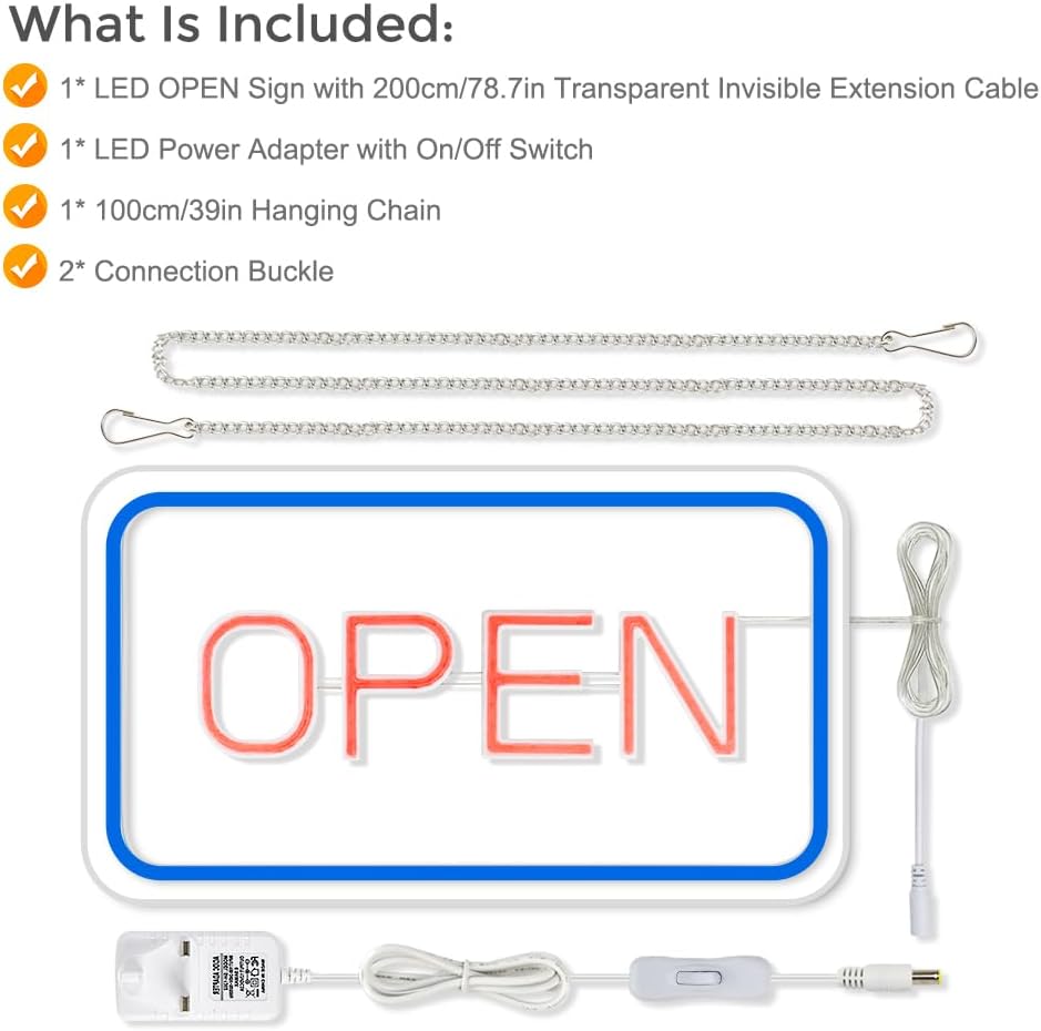 OPEN LED Neon Sign – Rectangular | 4 Glow Color Options | 16×9 / 23×12 inch | Window Hanging | Plug & Play for Storefronts