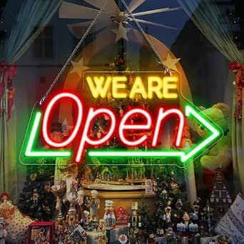 WE ARE OPEN Integrated LED Signs – USB Powered | 16.1×7.8 inch | Arrow Shape LED Window Sign | Yellow + Red + Green Glow for Storefront Display