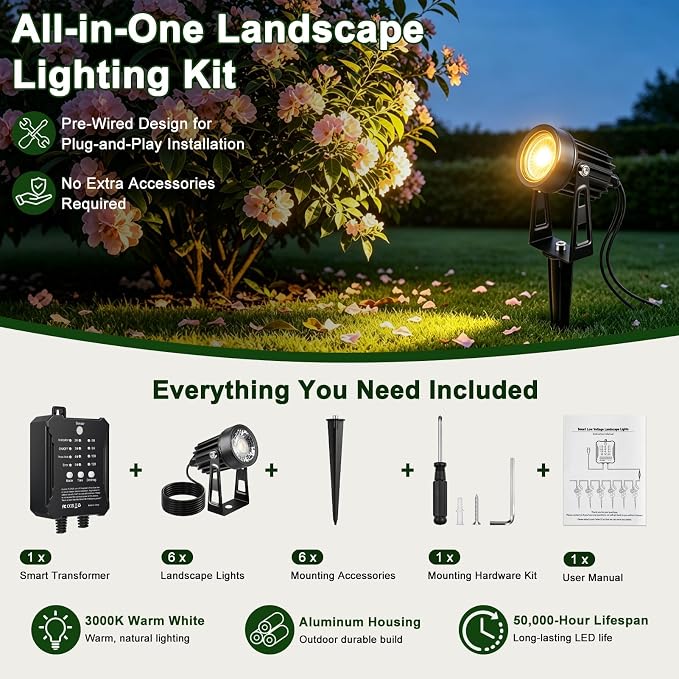 All-in-One Low Voltage Landscape Lighting Kit - 6 / 8 Pack Landscape Lights with Smart Transformer | 3000K Warm White | IP65 Waterproof | Outdoor Lights for Yard Garden Pathway
