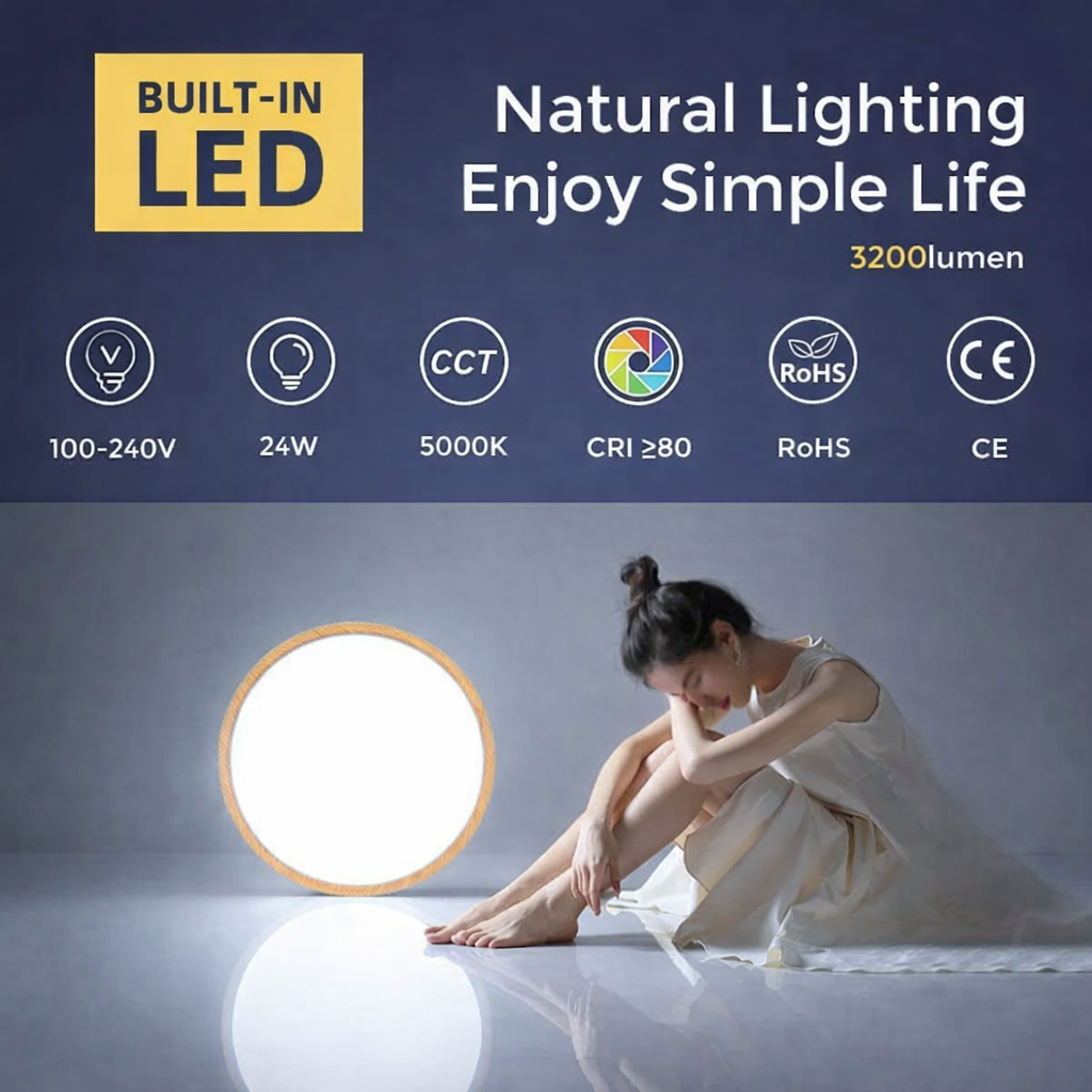 AC 220–240 V runde LED-Deckenleuchte – Holzmaserung – 24 W – 3000 K / 4500 K / 5000 K / 6500 K – Deckenleuchte zur Unterputzmontage – Lokaler Lagerbestand (UK/DE)