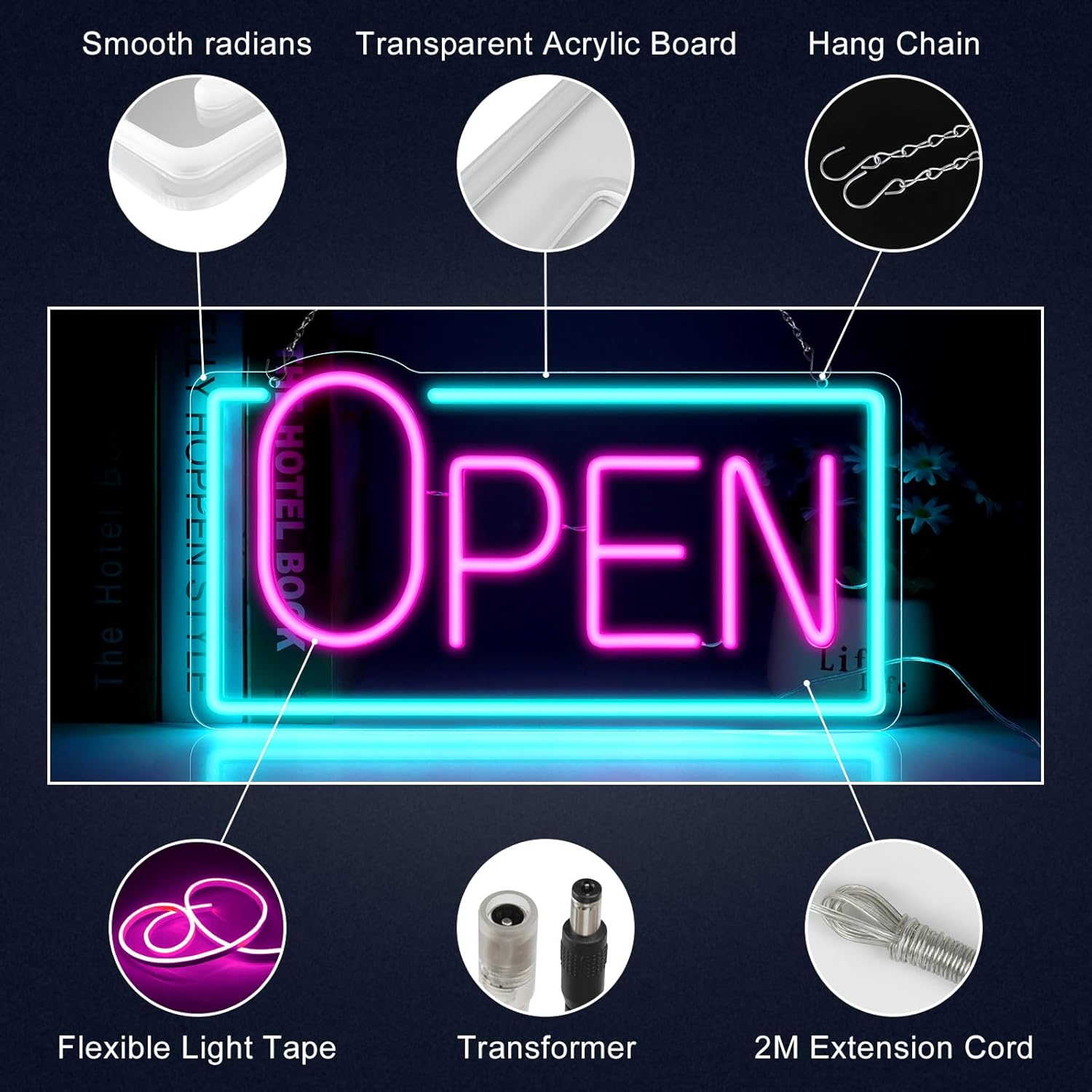 OPEN Neon Sign – Big “O” Style | 5 Glow Color Options | 17×9 inch (42×22 cm) | Window Hanging | Plug & Play for Storefronts