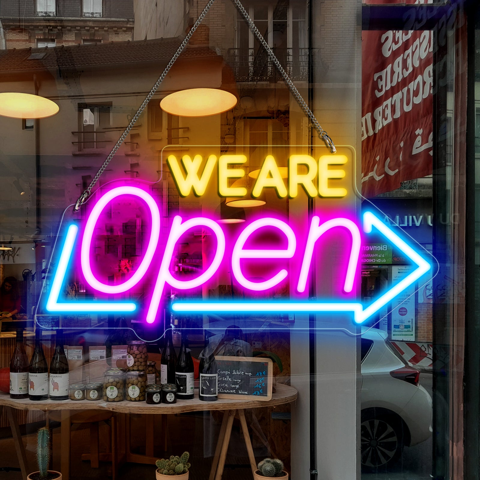 WE ARE OPEN Neon Sign – USB Powered | 16×8 inch (41×20 cm) | Arrow Shape LED Window Sign | 3 Color Combos for Storefront Display