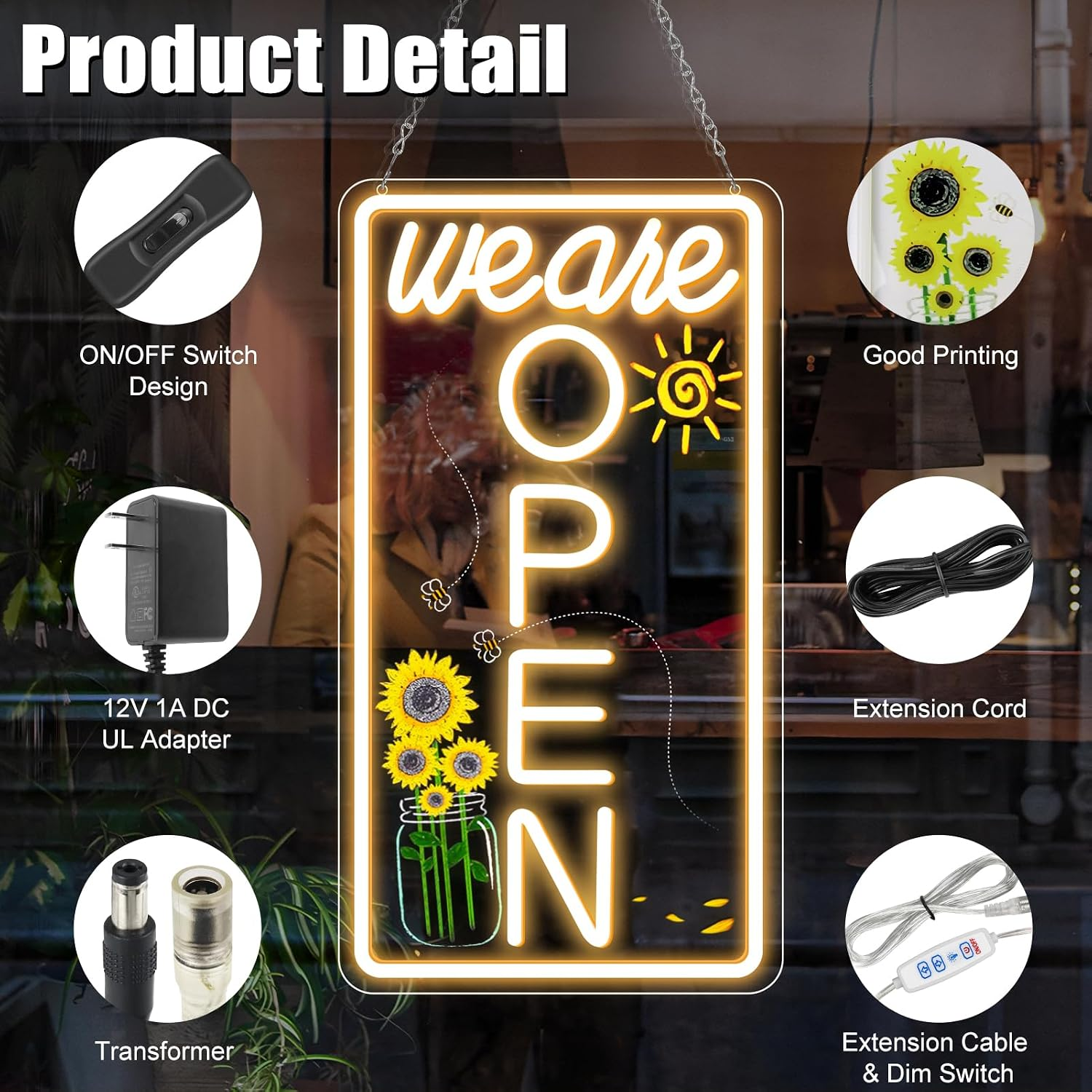 Enseigne verticale néon « Nous sommes ouverts » – Blanc chaud et éclat blanc | 43 cm x 23 cm / 58 cm x 30 cm | Suspension pour vitrine | Plug & Play pour vitrines