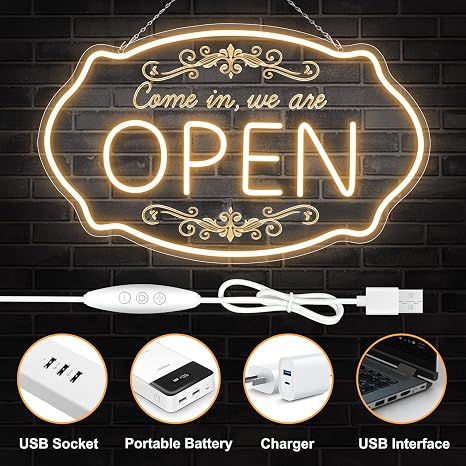 WIR HABEN GEÖFFNET – Neonschild – USB-betrieben | 41×20 cm (16×8 Zoll) | Pfeilförmiges LED-Fensterschild | 3 Farbkombinationen für die Schaufensteranzeige