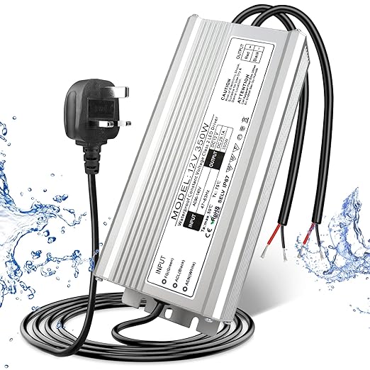 12V Waterproof LED Power Supply, 175–265V Input, 200W–500W, Single/Dual Wire Output, Aluminum Housing, Outdoor LED Driver, CE/RoHS/FCC — UK/EU Plug & Wire Leads Options