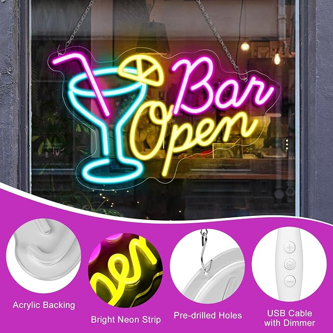 BAR OPEN Silicone LED Shop Sign – 16.5×10.6 Inch | 5V USB Powered Dimmable LED Window Hanging Sign | Blue + Pink + Yellow Glow with Cocktail Glass Design | Accessories Included for Bars, Cafes, Restaurants & Commercial Spaces