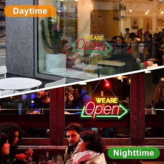 WE ARE OPEN Integrated LED Signs – USB Powered | 16.1×7.8 inch | Arrow Shape LED Window Sign | Yellow + Red + Green Glow for Storefront Display