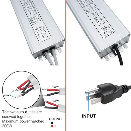 Wasserdichter 12-V-LED-Transformator, 90–140 V Eingang, 200 W–500 W, Einzel-/Doppelkabelausgang, CE/RoHS/FCC – US-Stecker und Kabeloptionen