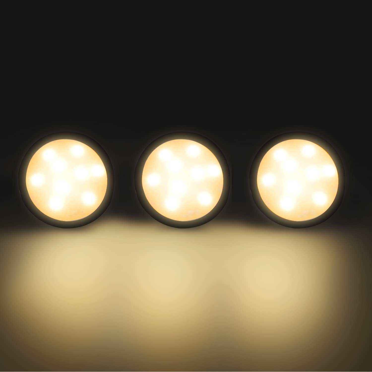 3 Pack LED Puck Cabinet Lights – Warm White / Daylight White | Black Finish | 12V Adapter with US / UK Plug | Touch Dimmable | Adhesive Mount | for Kitchen & Under Cabinet