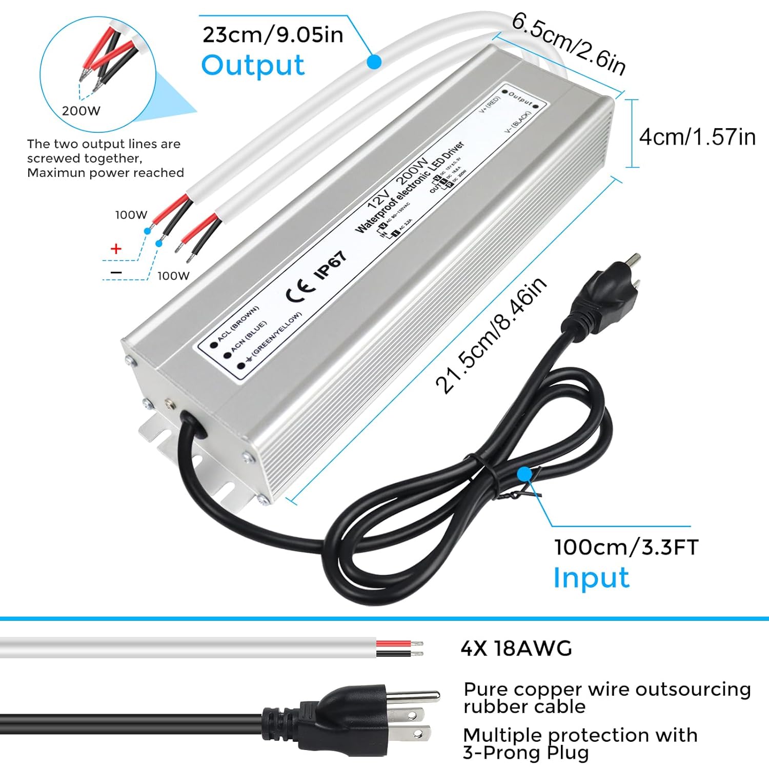 Transformateur LED étanche 12 V, entrée 90-140 V, 200-500 W, sortie simple/double fil, CE/RoHS/FCC — Options de prise et de câbles américains